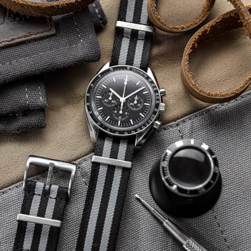 WatchGecko Swiss Quality Signature Military Nylon Watch Strap. Nylon Mens Replacement Watch Band. Rugged, Quick-Drying and Secure Wristwatch Strap for Outdoor Activities. Black & Grey, 20 mm - Image 3