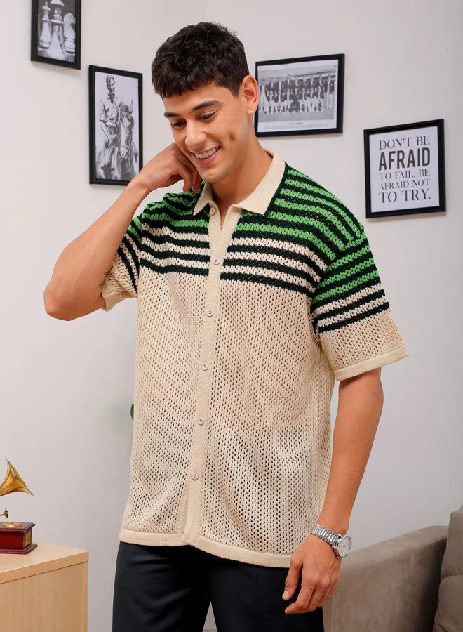 The Indian Garage Co Men Relaxed Fit Striped Half Sleeves Cuban collar Casual Shirt