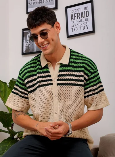 The Indian Garage Co Men Relaxed Fit Striped Half Sleeves Cuban collar Casual Shirt