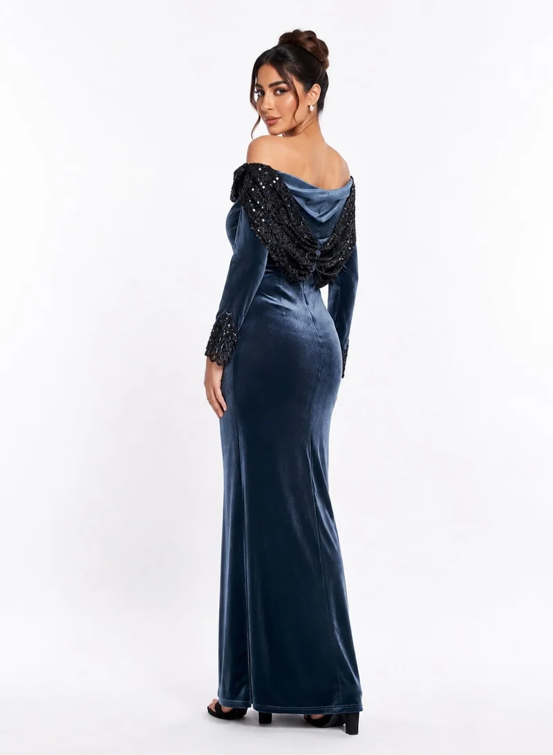 Opera Fashion Navy Velvet Off-Shoulder Evening Dress with Black Embroidery