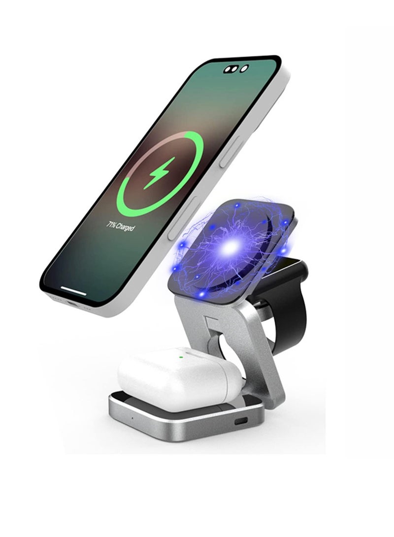 SYOSI 3 in 1 Wireless Fast Charging Station, Mini 15W Fast Charging Station 3 in 1 Foldable Charger for iPhone 14/13/12/11 Pro Max/Mini, Magnetic Charging Stand for iWatch Ultra/8/7/6/SE/5/4, AirPods - Image 1
