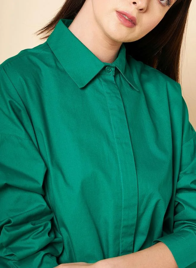 HIGH STAR Women's Green 100% Cotton Solid Pattern Button Down Shirt