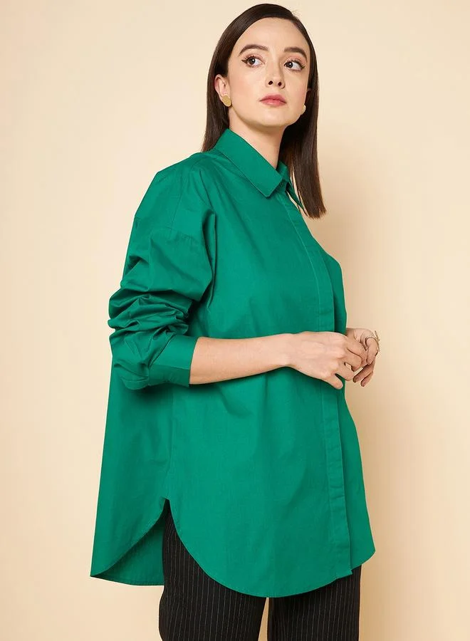 HIGH STAR Women's Green 100% Cotton Solid Pattern Button Down Shirt