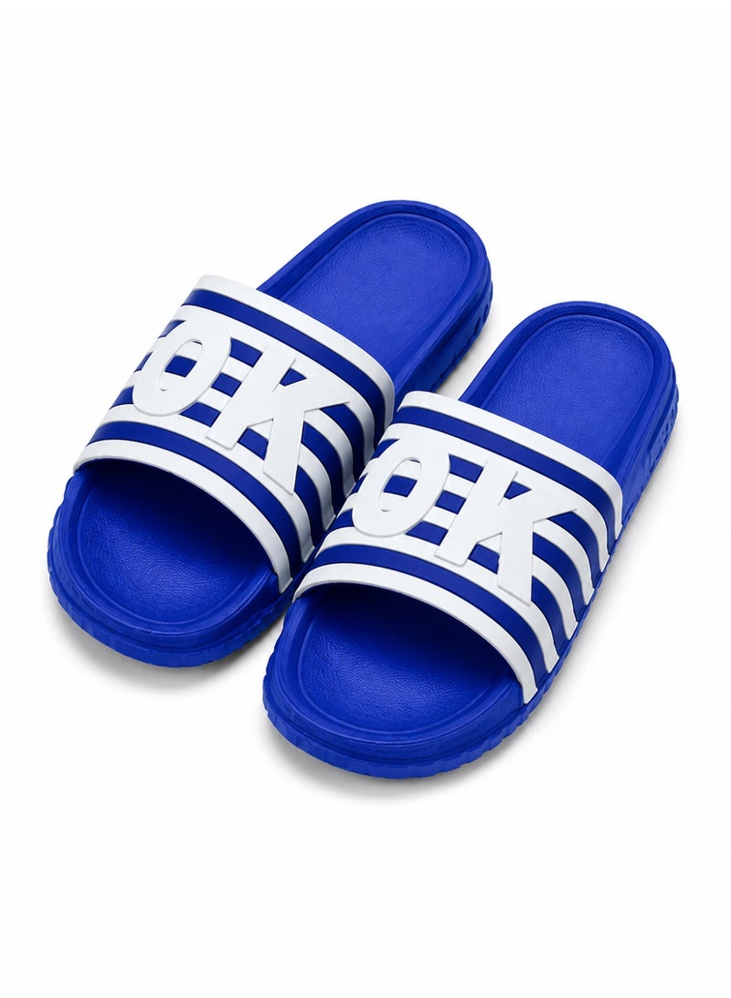 Men’s Slide Sandals, Lightweight EVA Shower Slippers with Non-Slip Sole, Quick-Dry Open Toe Beach Pool House Slides, White Stripe Letter Design, Blue Black Navy, EU 40-45 - Image 1