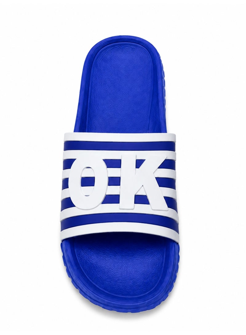 Men’s Slide Sandals, Lightweight EVA Shower Slippers with Non-Slip Sole, Quick-Dry Open Toe Beach Pool House Slides, White Stripe Letter Design, Blue Black Navy, EU 40-45 - Image 2