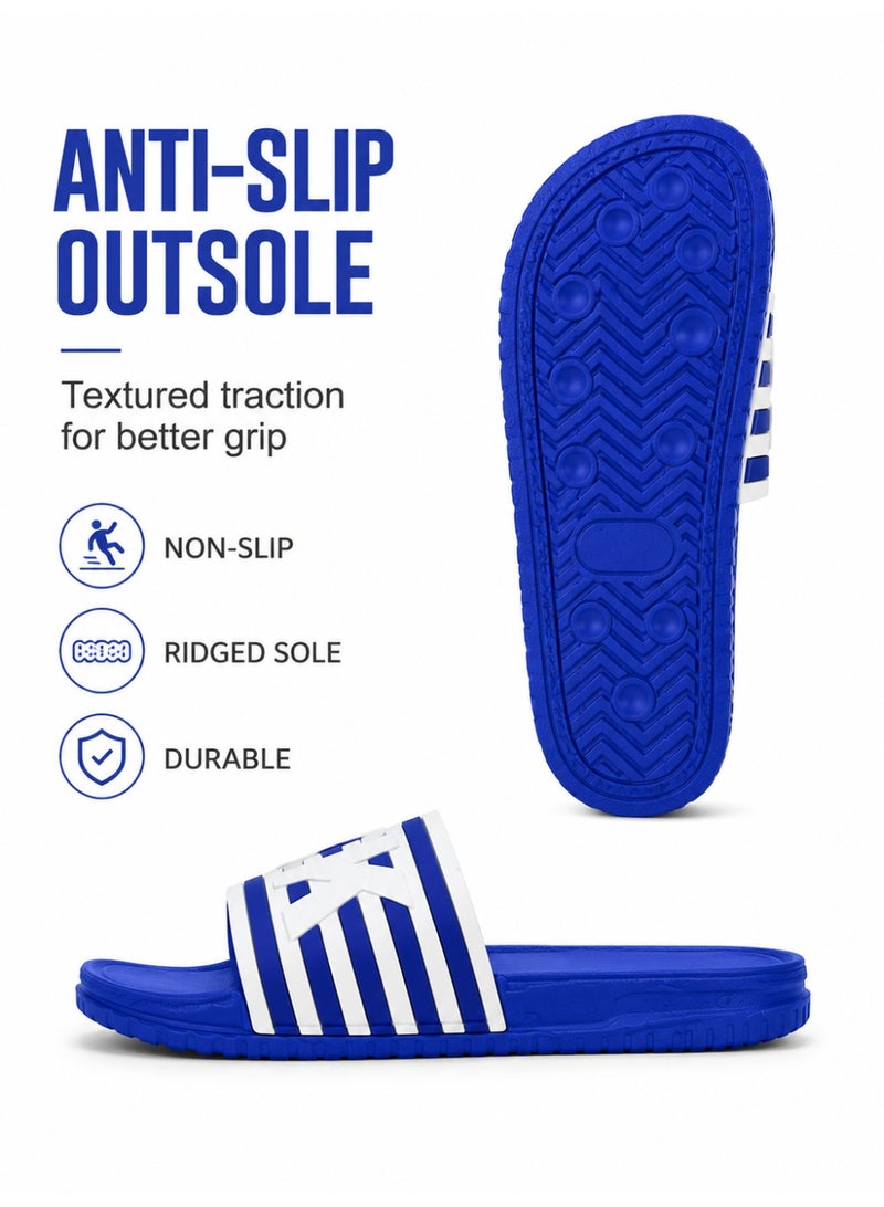 Men’s Slide Sandals, Lightweight EVA Shower Slippers with Non-Slip Sole, Quick-Dry Open Toe Beach Pool House Slides, White Stripe Letter Design, Blue Black Navy, EU 40-45 - Image 4