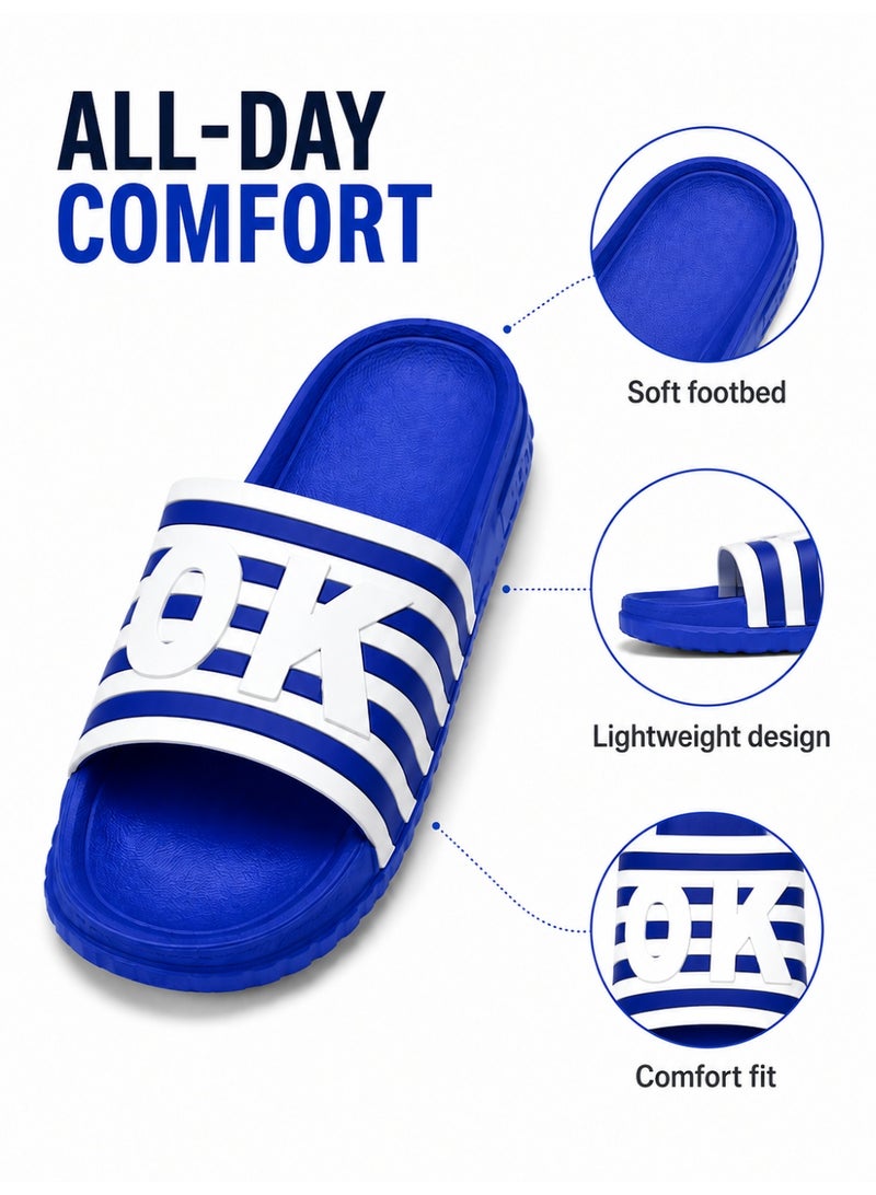 Men’s Slide Sandals, Lightweight EVA Shower Slippers with Non-Slip Sole, Quick-Dry Open Toe Beach Pool House Slides, White Stripe Letter Design, Blue Black Navy, EU 40-45 - Image 5