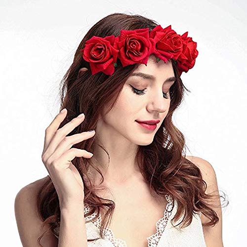 Tvoip Rose Floral Crown Garland Flower Headband Headpiece for Wedding Festival (Red) - Image 5