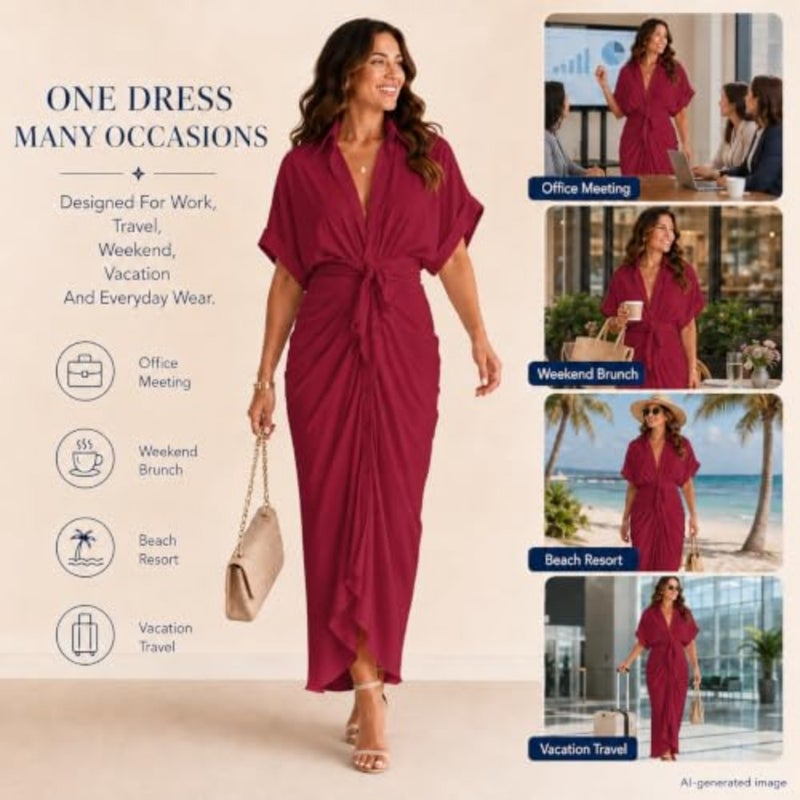 Krumba Women Collared Shirt Dress: Tie Waist Maxi Button - Image 3