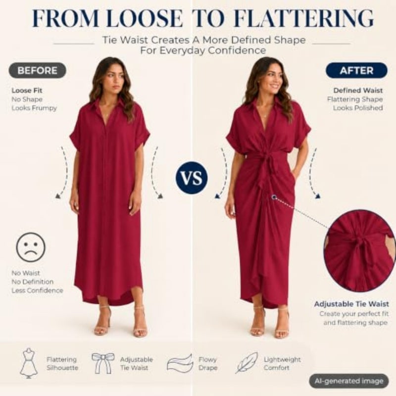 Krumba Women Collared Shirt Dress: Tie Waist Maxi Button - Image 2