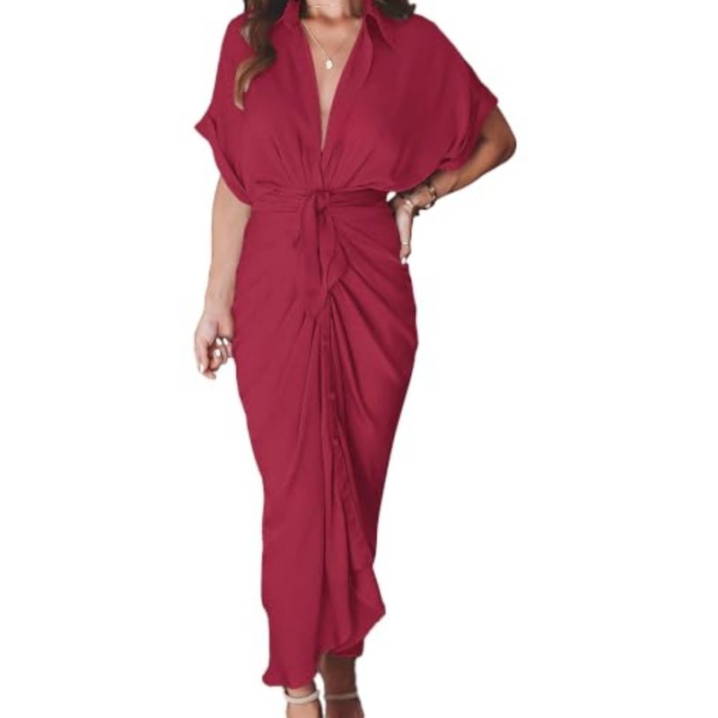 Krumba Women Collared Shirt Dress: Tie Waist Maxi Button - Image 1