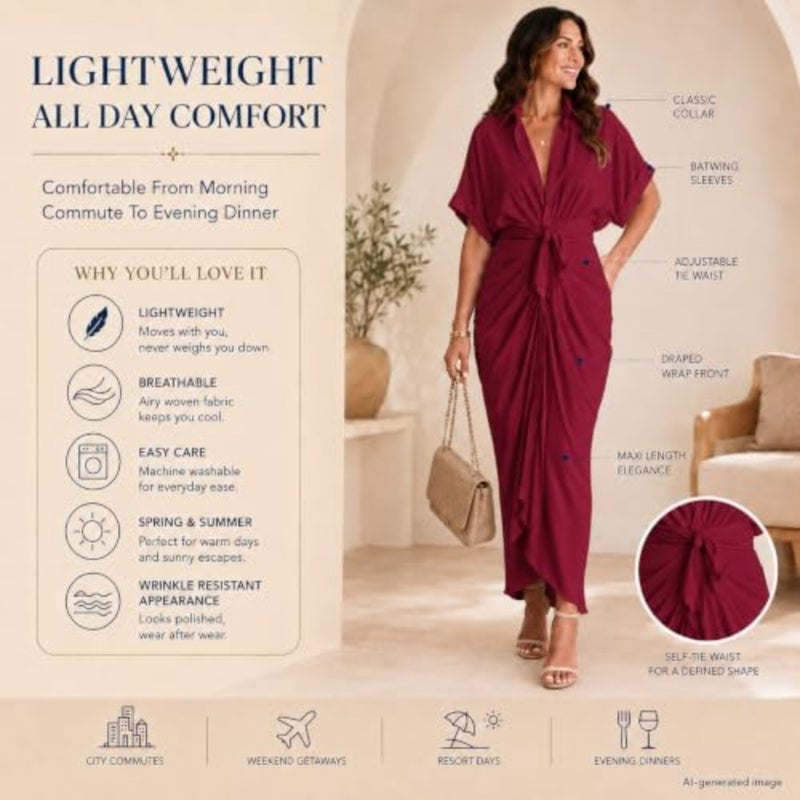 Krumba Women Collared Shirt Dress: Tie Waist Maxi Button - Image 4