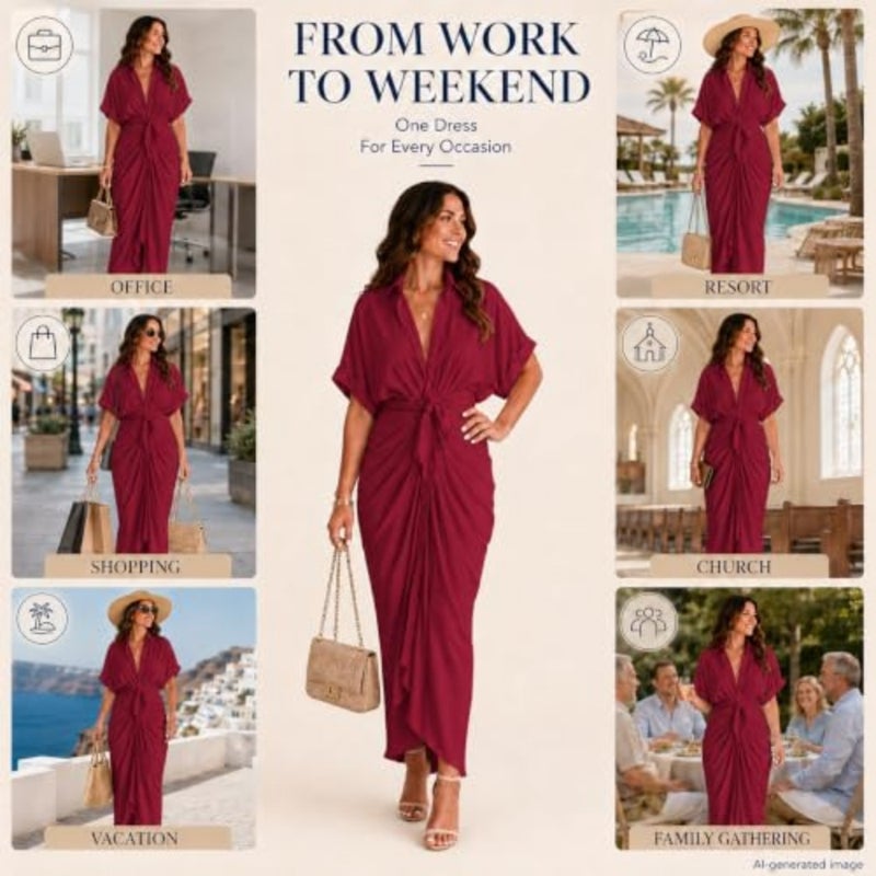 Krumba Women Collared Shirt Dress: Tie Waist Maxi Button - Image 5