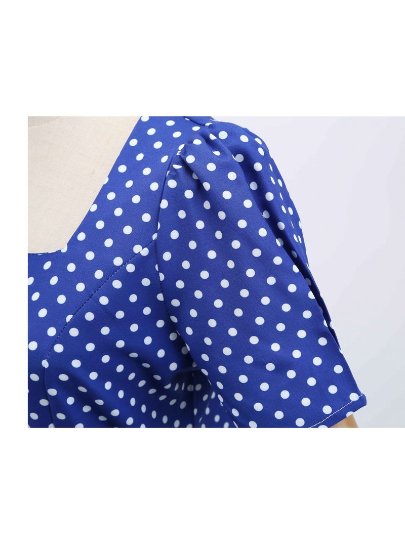 Loquat Wave Dot Print Waist Wrap Dress Blue  - Image 3