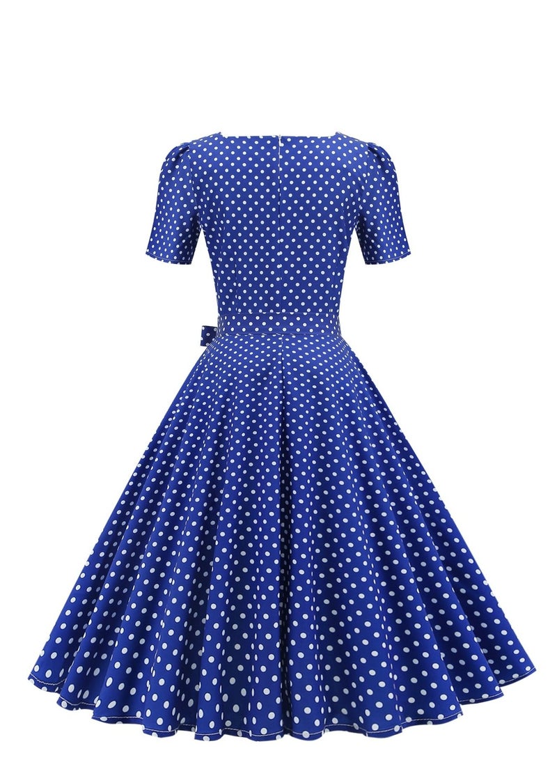 Loquat Wave Dot Print Waist Wrap Dress Blue  - Image 2