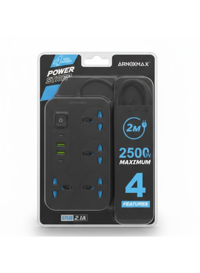 Smart Power Strip 2500W – 4 Outlets, 2 USB & 2 Type-C Ports with Surge Protection (2M Cable) - Image 1