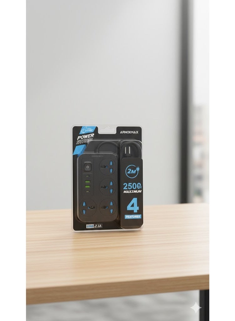 Smart Power Strip 2500W – 4 Outlets, 2 USB & 2 Type-C Ports with Surge Protection (2M Cable) - Image 3