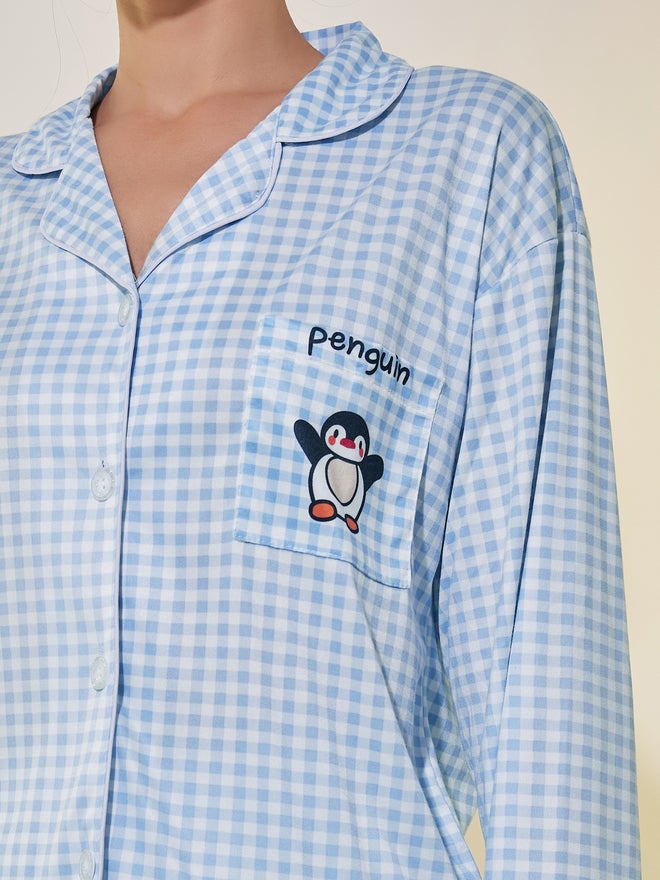 Take Two Take Two Checked Penguin Patch Pocket Shirt and Pyjama Set - Image 3