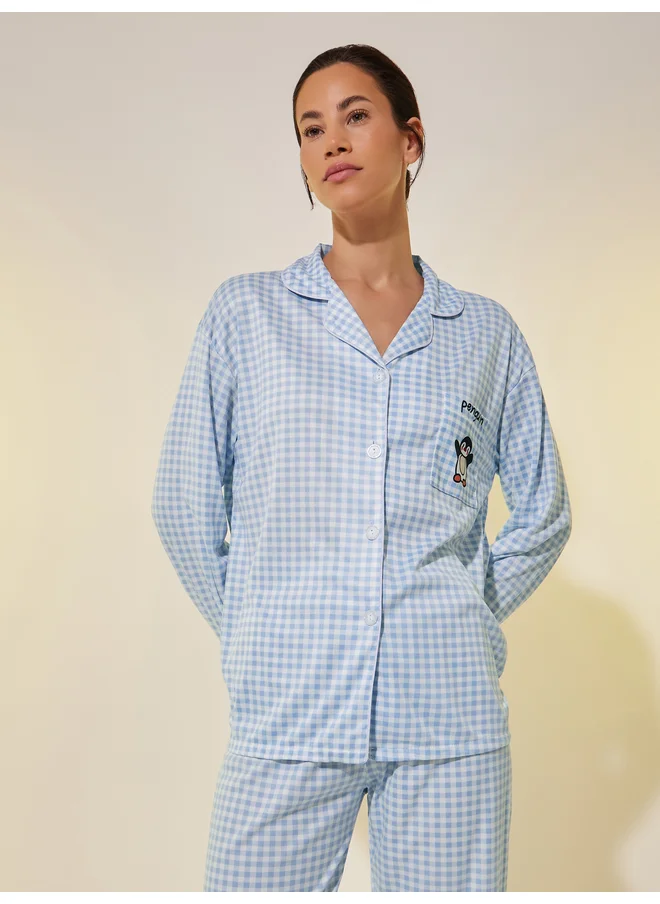 Take Two Take Two Checked Penguin Patch Pocket Shirt and Pyjama Set