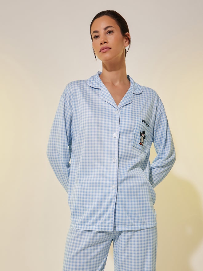 Take Two Take Two Checked Penguin Patch Pocket Shirt and Pyjama Set - Image 2