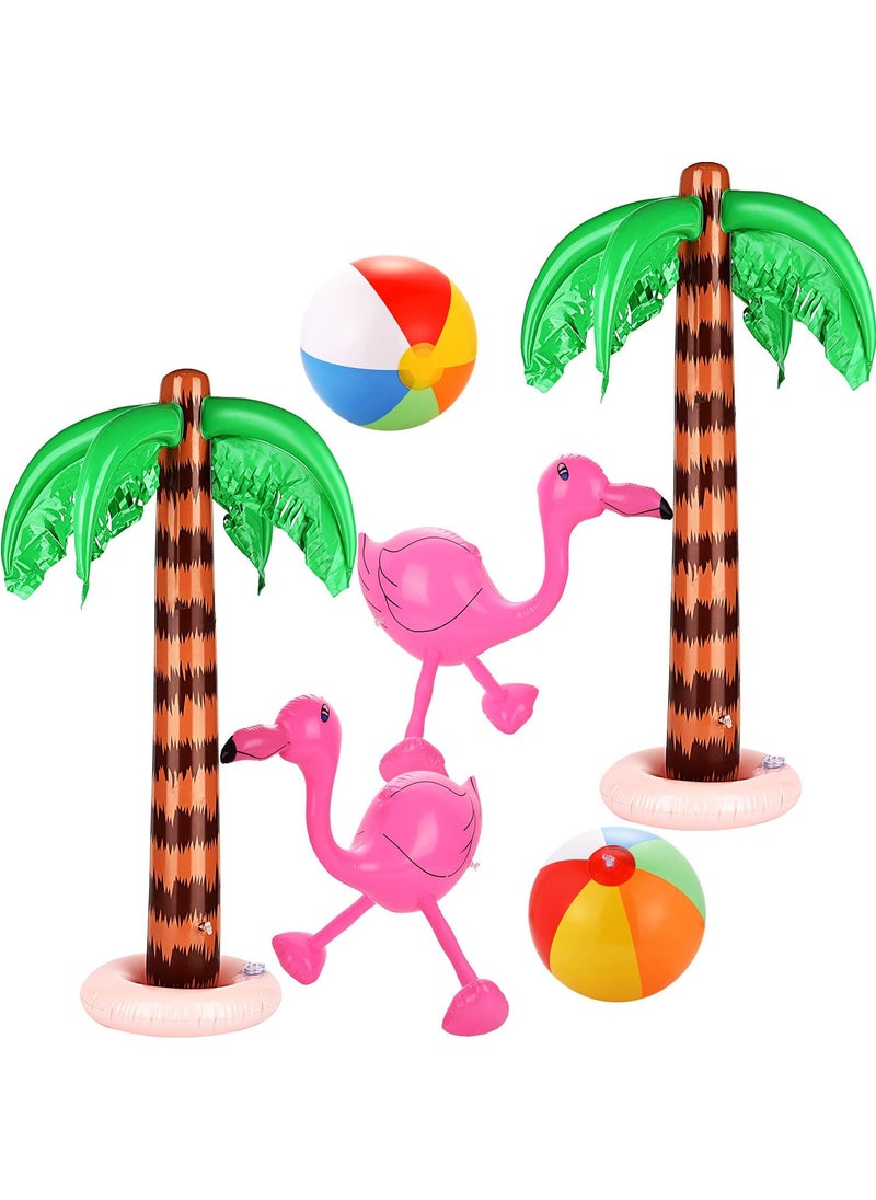 meekoo meekoo 6 Pieces Inflatable Palm Trees Jumbo Coconut Trees Pink Flamingos Colorful Beach Balls Rainbow Color Balls for Hawaii Beach Luau Party Backdrop Decoration  - Image 1