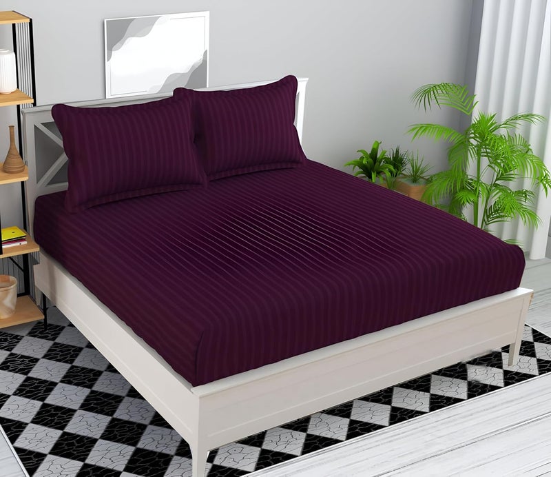 STARNSTYLE Microfiber Premium Elastic Fitted Striped Bedsheet with 2 Pillow Covers 78 x 72 King Size Wine