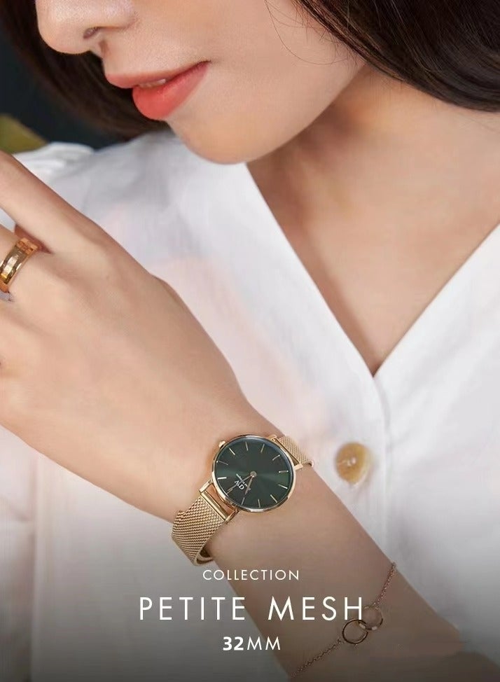 Daniel Wellington Petite Emerald Green Watches for Women with Rose Gold Mesh Strap - 32mm