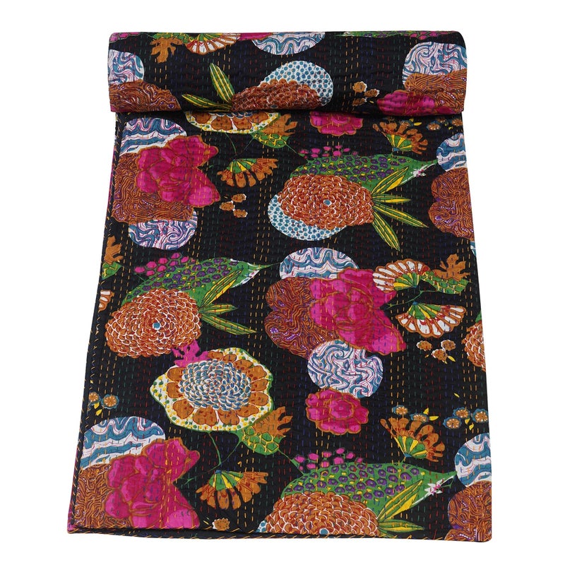 Marubhumi Quilts Indian Handmade Indian Traditional Blankets ReversiblePure Cotton Fruit Print Kantha Quilt Comforter Navy Queen 60 x 90 Inches