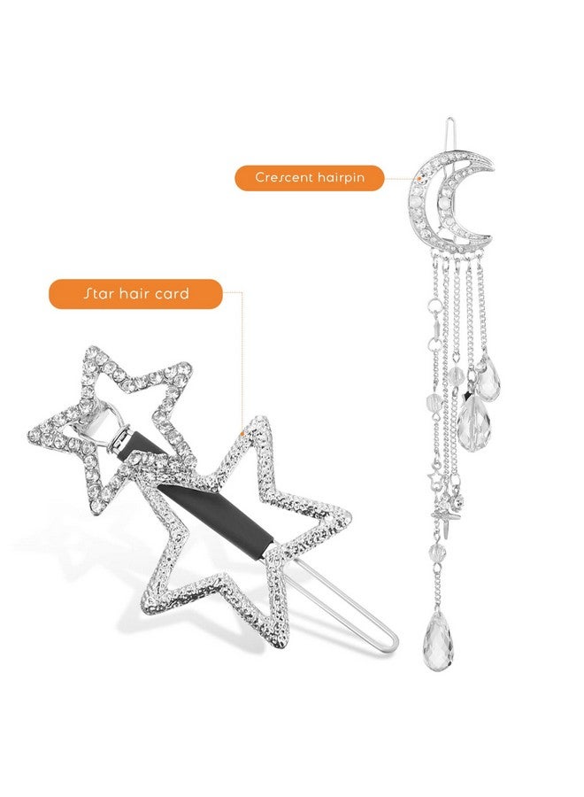 Beaupretty 4Pcs Moon Star Hair Clips Rhinestone Barrettes With Beads Tassel Hair Charms Jewelry For Women Girl Silver Golden - Image 3