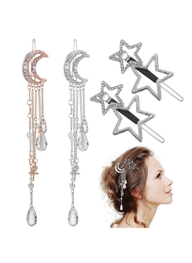 Beaupretty 4Pcs Moon Star Hair Clips Rhinestone Barrettes With Beads Tassel Hair Charms Jewelry For Women Girl Silver Golden - Image 1