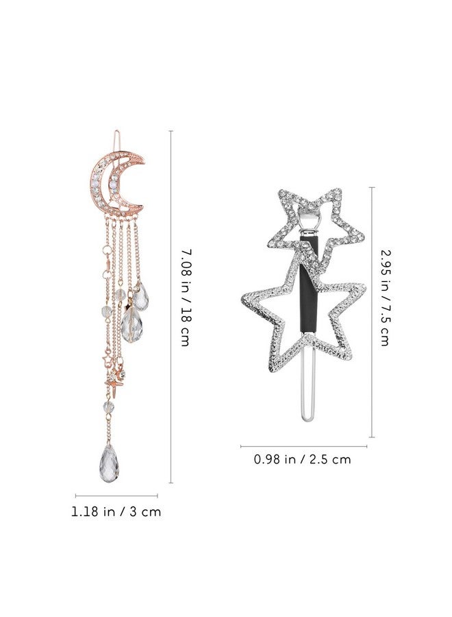 Beaupretty 4Pcs Moon Star Hair Clips Rhinestone Barrettes With Beads Tassel Hair Charms Jewelry For Women Girl Silver Golden - Image 2