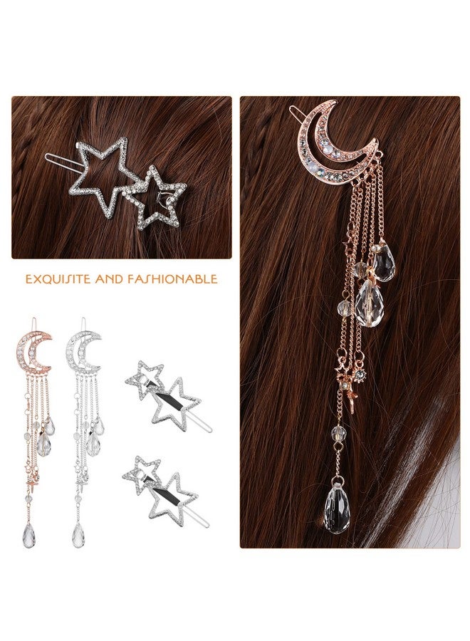 Beaupretty 4Pcs Moon Star Hair Clips Rhinestone Barrettes With Beads Tassel Hair Charms Jewelry For Women Girl Silver Golden - Image 5
