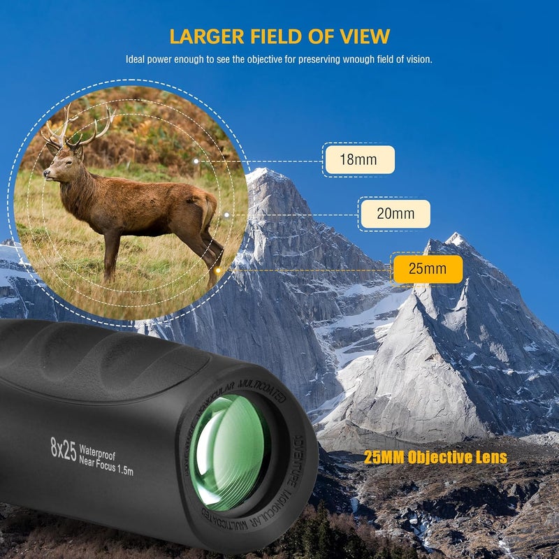 Tydeux 8x25 Waterproof Compact Monocular - High Definition Wide View Telescope Monoculars - Comes with Cleaning Cloth, Case & Neck Strap, Black - Image 3