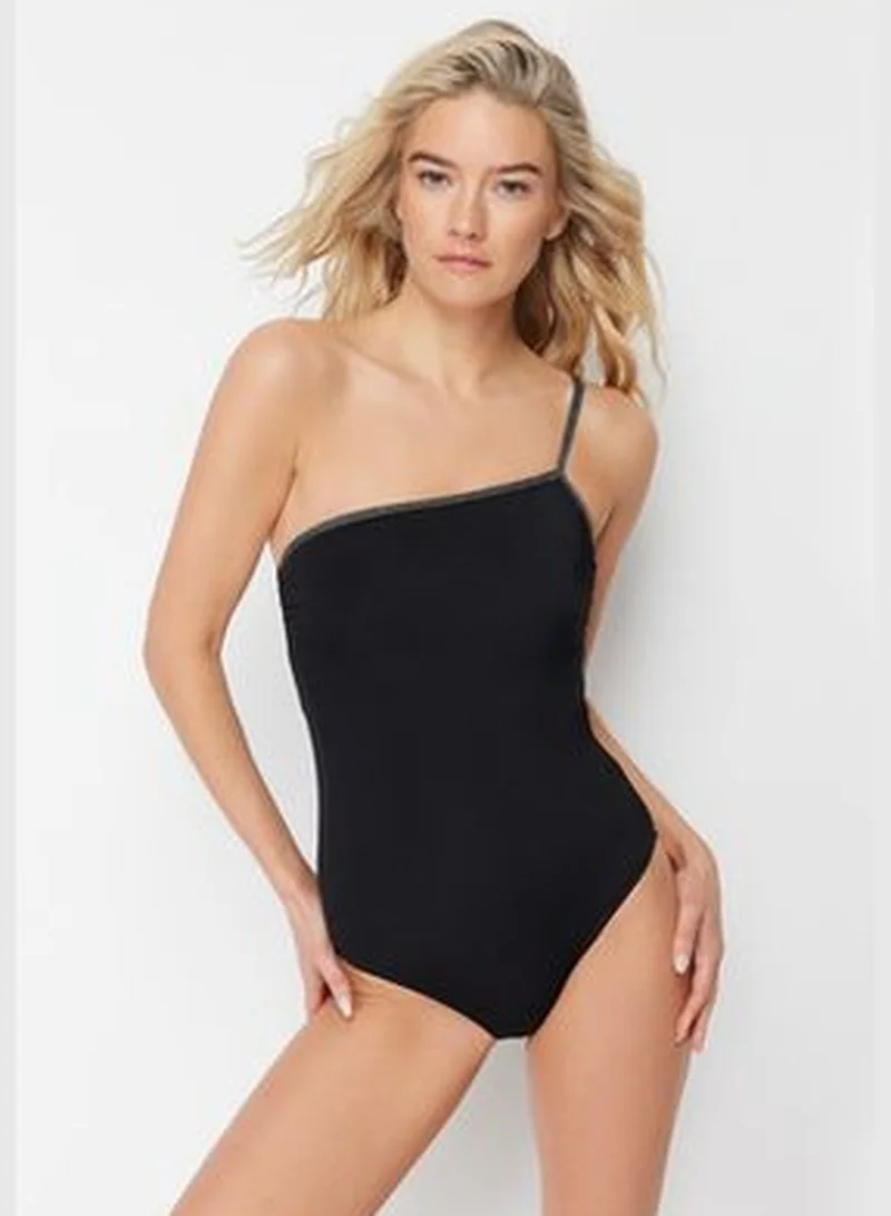 trendyol Black One-Shoulder Tape Swimsuit TBESS24MA00044