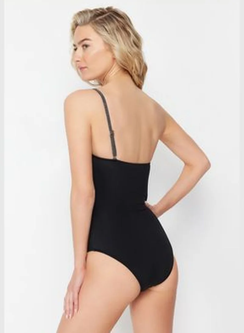 trendyol Black One-Shoulder Tape Swimsuit TBESS24MA00044