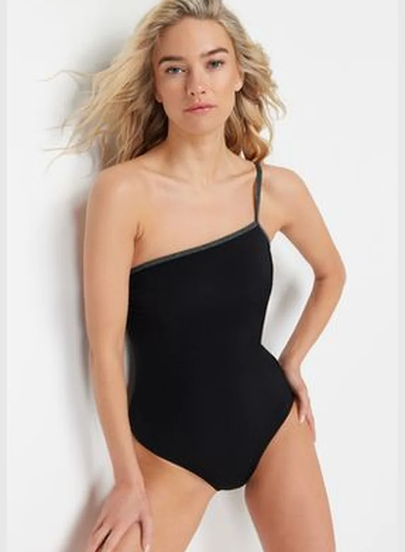 trendyol Black One-Shoulder Tape Swimsuit TBESS24MA00044