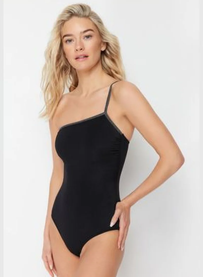 trendyol Black One-Shoulder Tape Swimsuit TBESS24MA00044