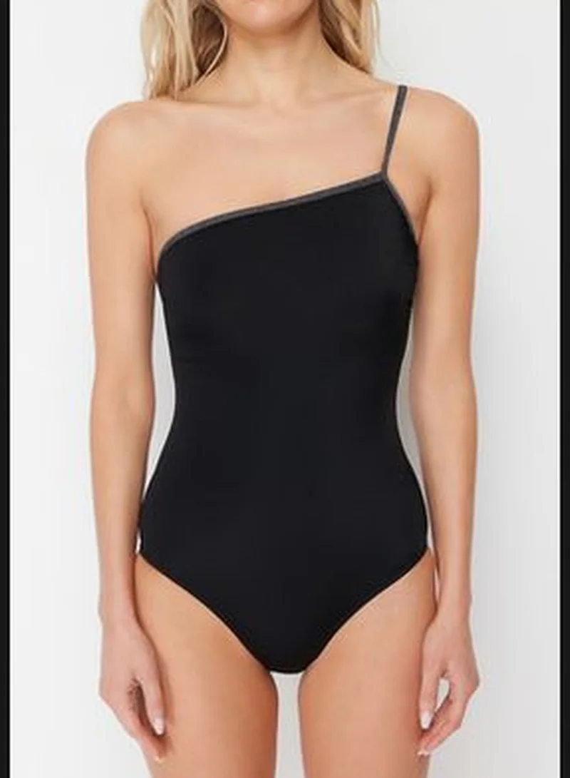 trendyol Black One-Shoulder Tape Swimsuit TBESS24MA00044