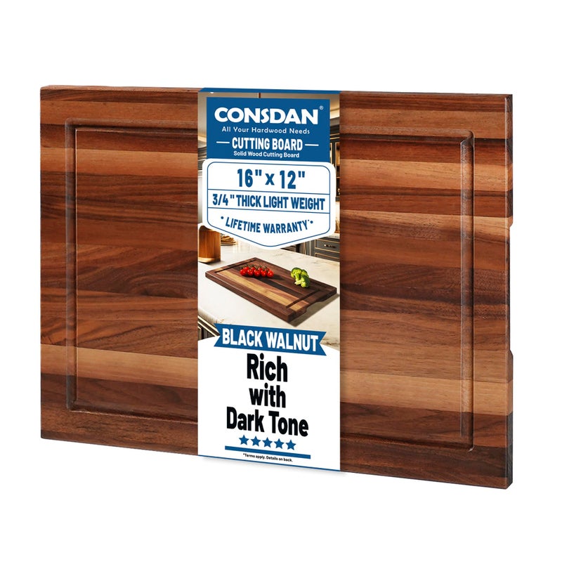 CONSDAN Wood Cutting Board for Kitchen, 16 x 12, USA Grown Solid Black Walnut Hardwood, Edge Grain, Chopping Board, Butcher Block with Juice Groove, Prefinished with Food-Safe Oil, 3/4" Thick - Image 1