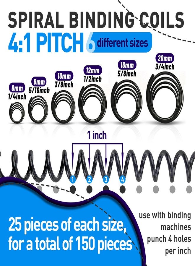 KOTESLLOE 150 Pack Spiral Binding Coils, 4:1 Pitch Plastic Binding Coils Kit, 6 Different Sizes Spiral Coils for Binding 1/4", 5/16", 3/8", 1/2", 5/8", 3/4", Black Binding Spirals - Image 2