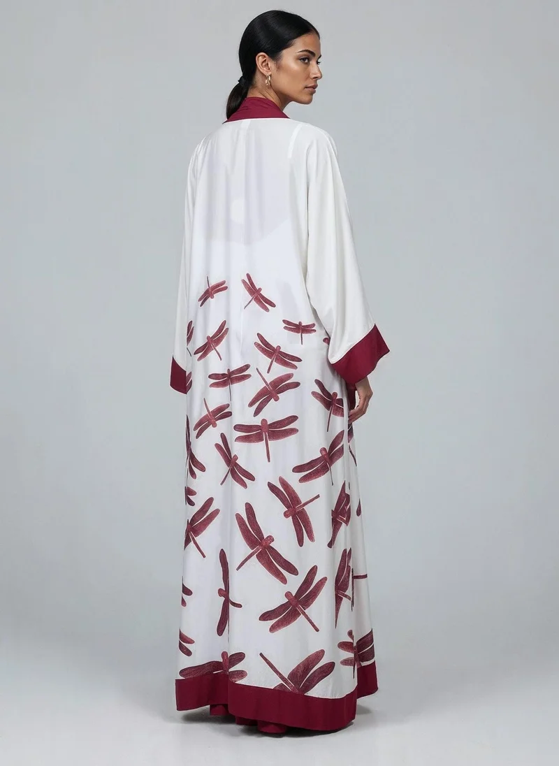 جانارا جونز Red Dragonflies White with Burgundy Cuff and Hem Detailed Satin Abaya Kaftan