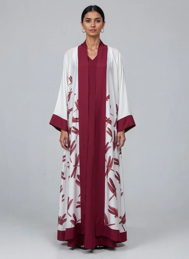 جانارا جونز Red Dragonflies White with Burgundy Cuff and Hem Detailed Satin Abaya Kaftan