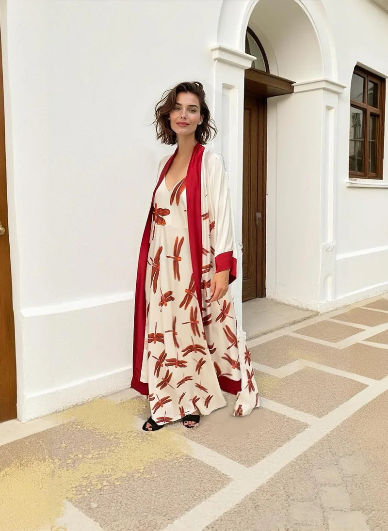 Janara Jones  Red Dragonflies White with Burgundy Cuff and Hem Detailed Satin Abaya Kaftan for Women | Best Price UAE