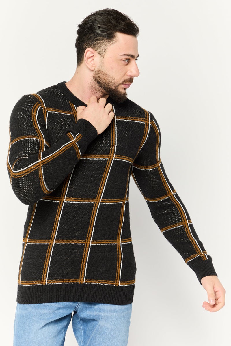 PERRY ELLIS Men Crew Neck Plaid Sweater, Multicolor - Image 1