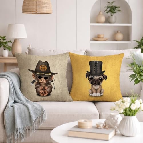 STITCHNEST Set of 2 Funky Friends Collection Printed Jute Cushion Covers 24x24 Inches | Decorative Throw Pillow Covers for Sofa, Living Room, Bedroom | Perfect for Home Decor - Image 1