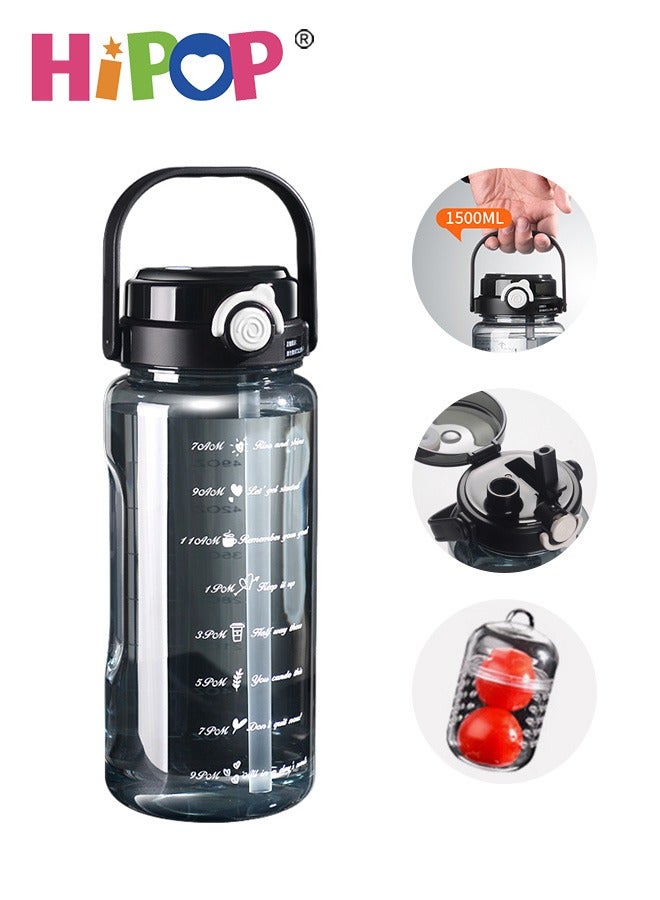 HIPOP 1.5L Sports Water Botlle with Time Marker and Dual Drinking Spout, Leak-Proof Sports Water Cup with Handle and Tea Infuser, Portable Gym Bottle for Gym, Travel, Home, School, BPA Free, Safe Lock  - Image 1