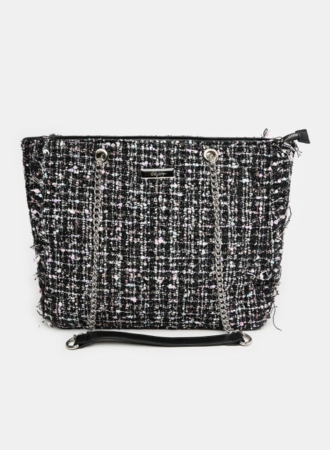 Self Pattern Zipper Closure Textile Shoulder Bag
