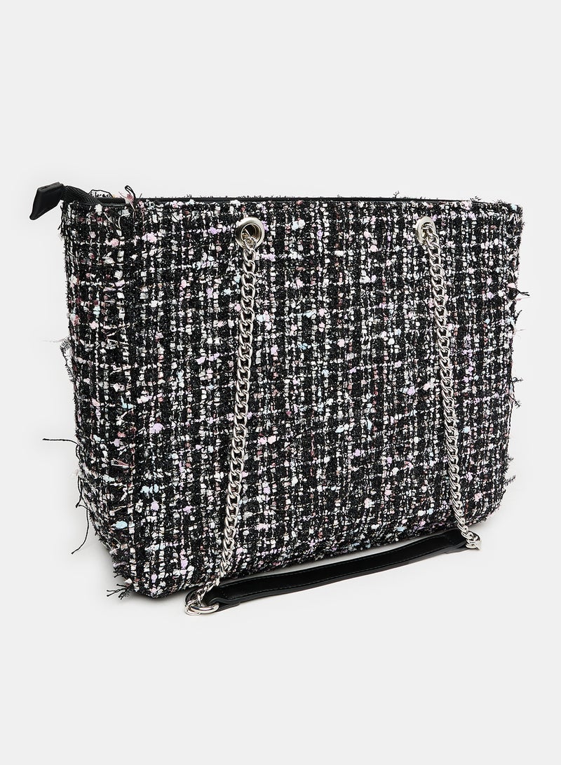 Self Pattern Zipper Closure Textile Shoulder Bag