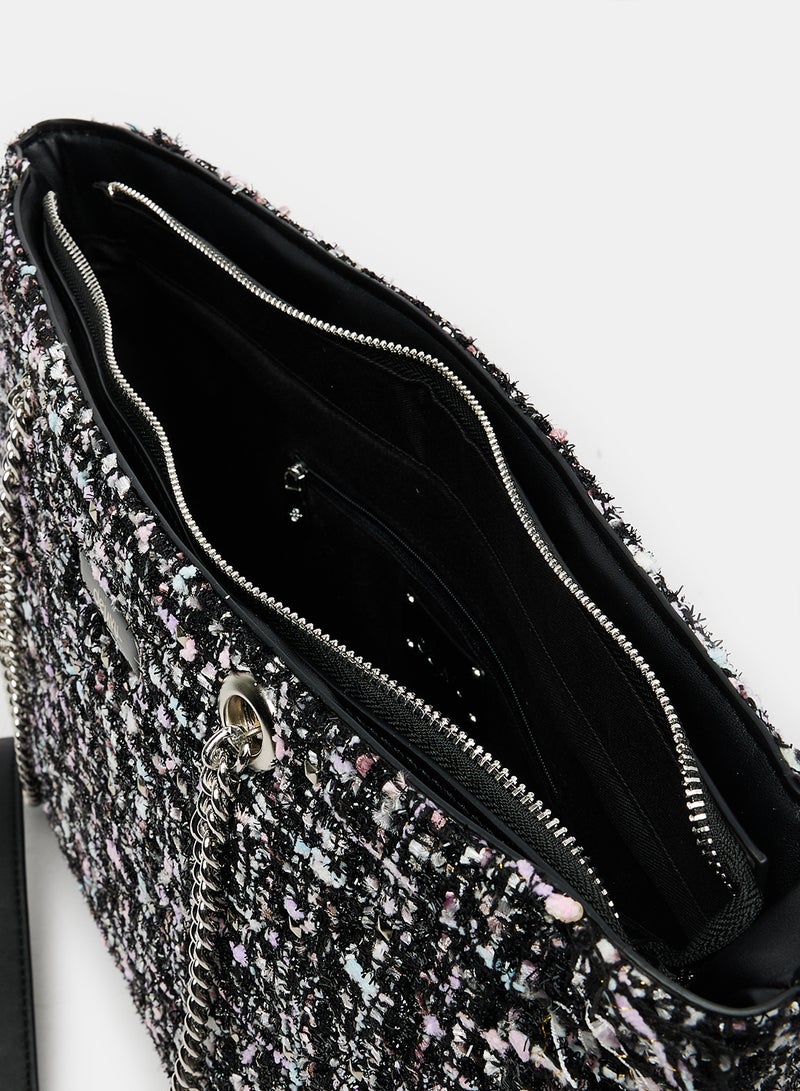 Self Pattern Zipper Closure Textile Shoulder Bag
