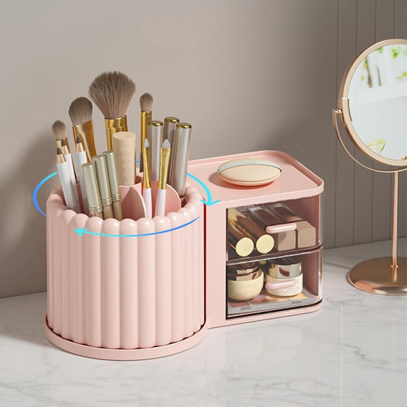 STORICANS Makeup Organizer Countertop,360 Rotating Makeup Brush Holder With 2 Drawers,Small Preppy Organizer |9.25x5.11inch|Pink - Image 2